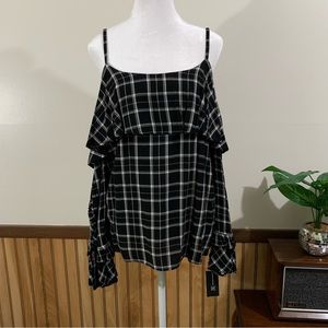 NWT INC International Concepts Plaid Ruffle Cold Off Shoulder Top (Medium)